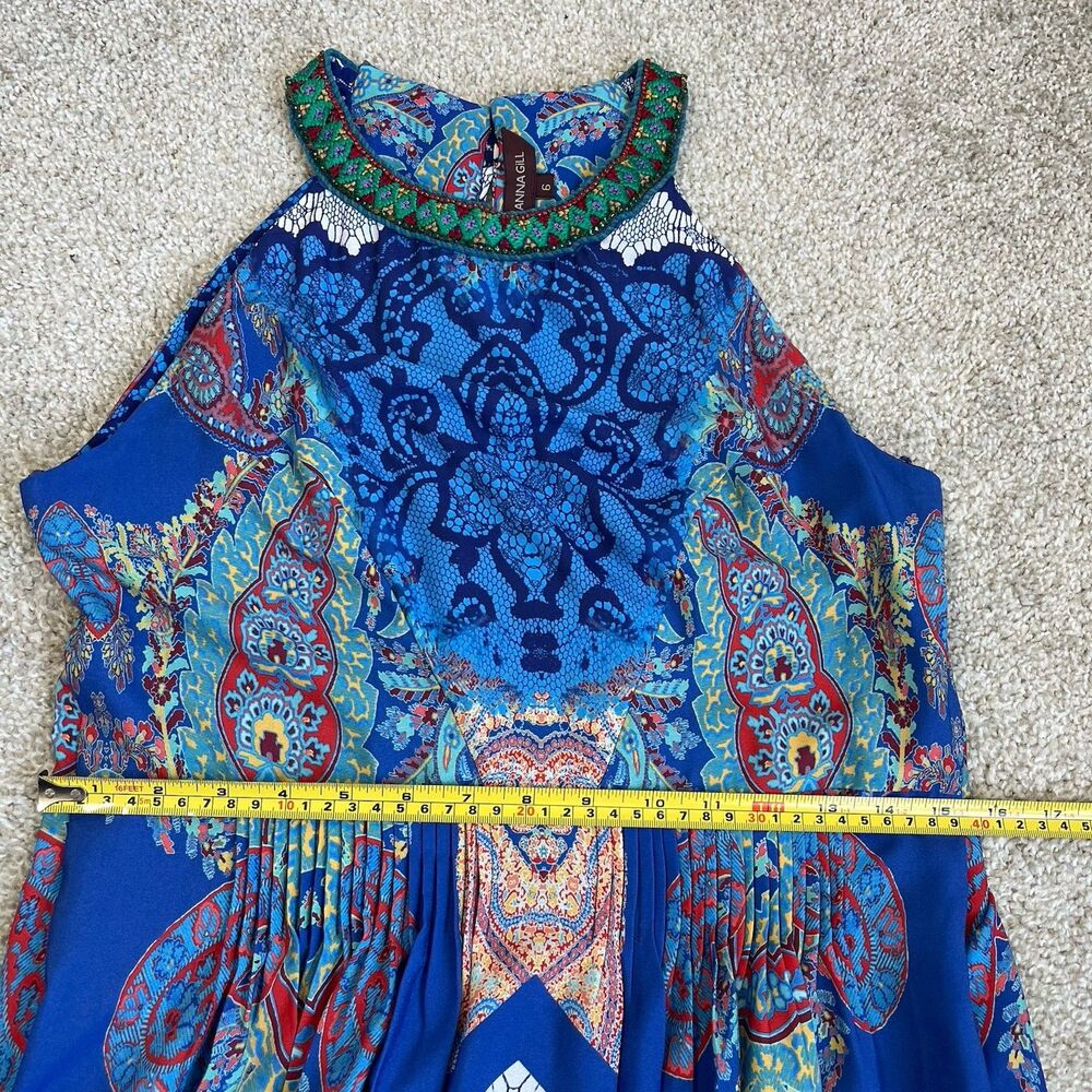 Anthropologie Ranna Gill Boteh Jewel Neckline Maxi Dress 6 Pleated Flowy Party - Picture 13 of 15